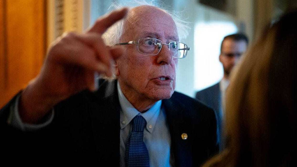 U.S. Sen. Bernie Sanders (I-VT) speaks to reporters outside the Senate Chamber on Capitol Hill on April 23, 2024 in Washington, DC.