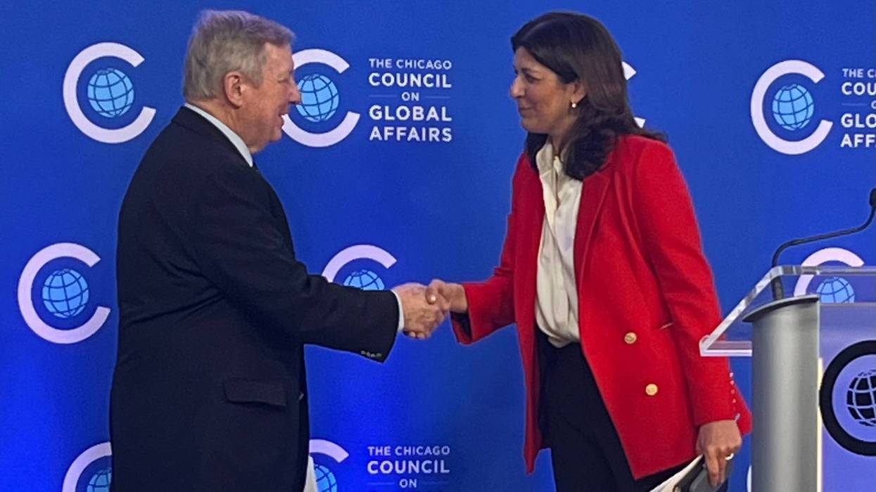 U.S. Sen. Dick Durbin (D-Illinois) greets Chicago Council on Global Affairs President and CEO Leslie Vinjamuri on January 22, 2026.