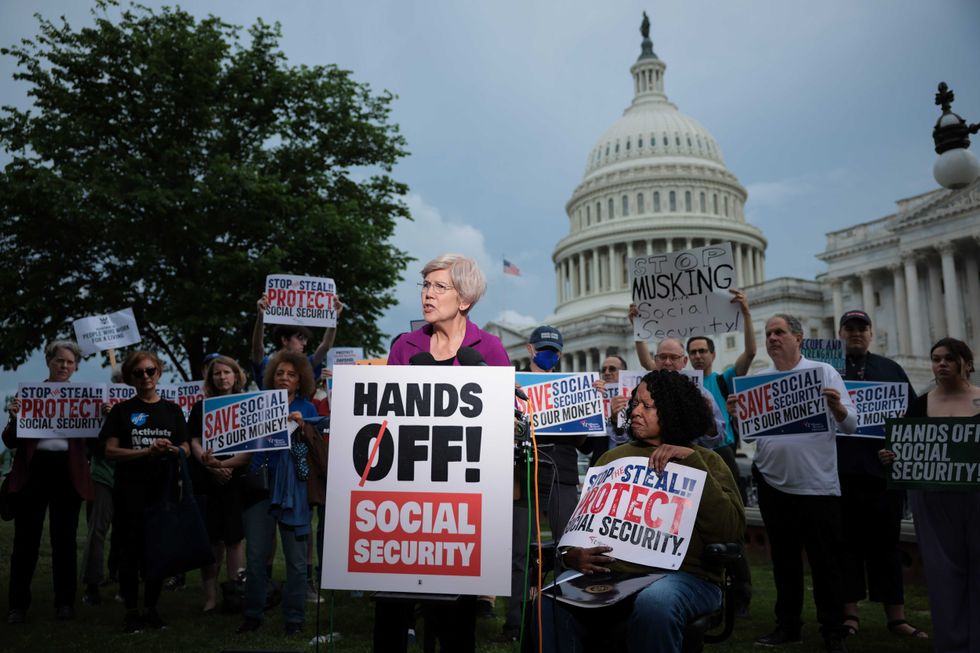 U.S. Sen. Elizabeth Warren (D-MA) speaks during a press conference on social security in front of the U.S. Capitol on May 05, 2025 in Washington, DC. Democratic members of congress spoke about how President Donald Trump