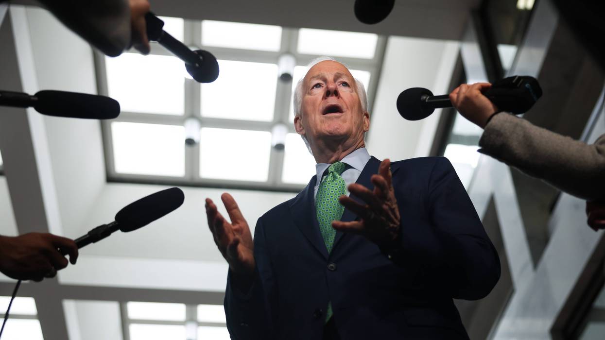 U.S. Sen. John Cornyn (R-TX) speaks with the press after meeting with Customs and Border Patrol Commissioner nominee, Rodney Scott in the Hart Senate Office Building on April 7, 2025, in Washington, DC.