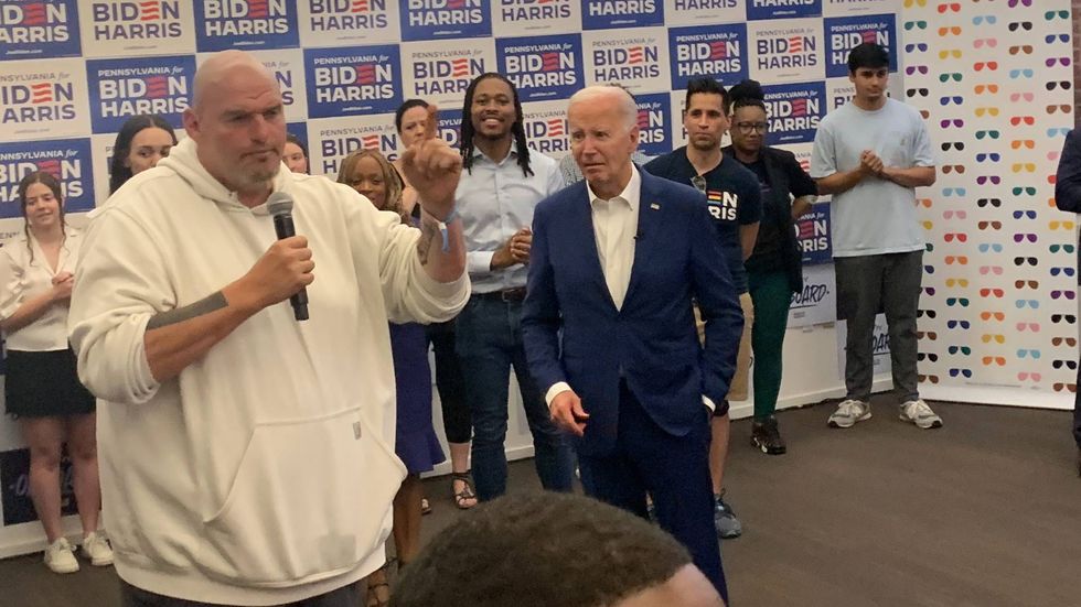 U.S. Sen. John Fetterman spoke in support of President Joe Biden at a campaign office in Manayunk on Sunday.
