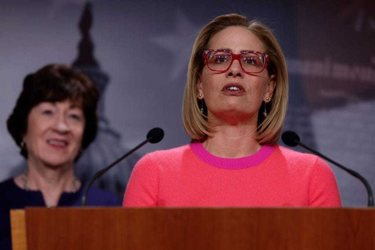 U.S. Sen. Kyrtsen Sinema (D-AZ) speaks at a news conference after the Senate passed the Respect for Marriage Act at the Capitol Building on November 29, 2022 in Washington, DC. In a 61-36 vote, the measure would provide federal recognition and protection for same-sex and interracial marriages. (Photo by Anna Moneymaker/Getty Images)
