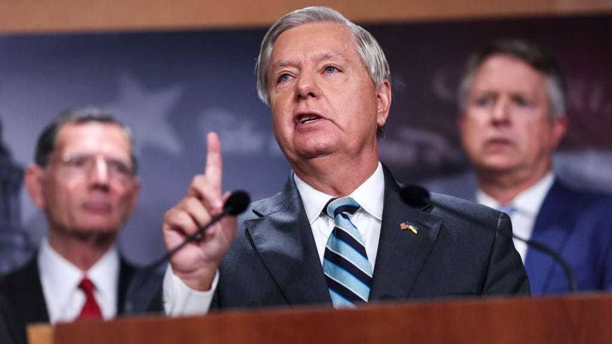 U.S. Sen. Lindsey Graham (R-SC), joined by Sen. John Barrasso (R-WY) (L) and Sen. Roger Marshall (R-KS), speaks a press conference at the U.S. Capitol on August 05, 2022 in Washington, DC.