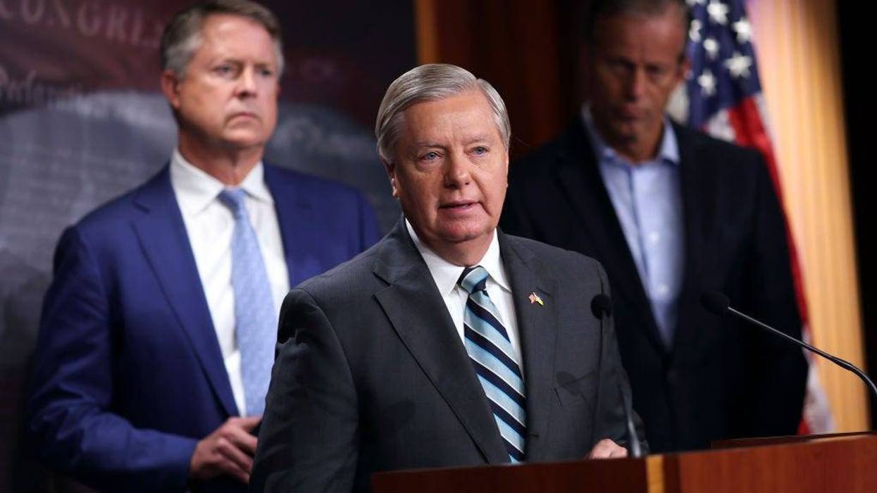 U.S. Sen. Lindsey Graham (R-SC), joined Sen. Roger Marshall (R-KS) (L) and Sen. John Thune (R-SD), speaks a press conference at the U.S. Capitol on August 05, 2022 in Washington, D.C.