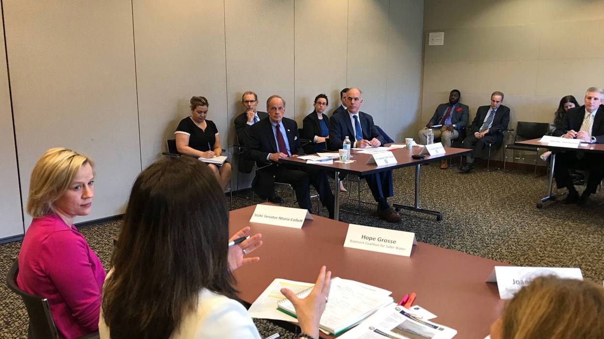 U.S. Sen. Tom Carper hosted a discussion in Horsham on April 8, 2019, with Sen. Bob Casey in attendance, on a dangerous chemical found in drinking water near Willow Grove air bases.