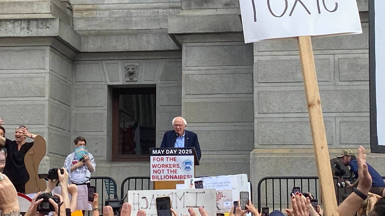 U.S. Senator Bernie Sanders speaks at Philadelphia City Hall on Thursday, May 1, 2025.