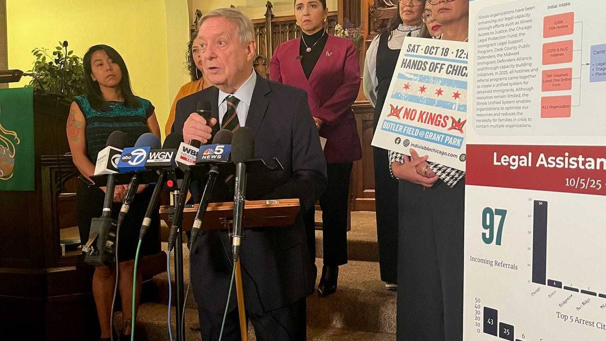 U.S. Senator Dick Durbin (D-Illinois) talks to reporters during an appearance at Christ Lutheran Church in Chicago's Albany Park neighborhood on Friday.