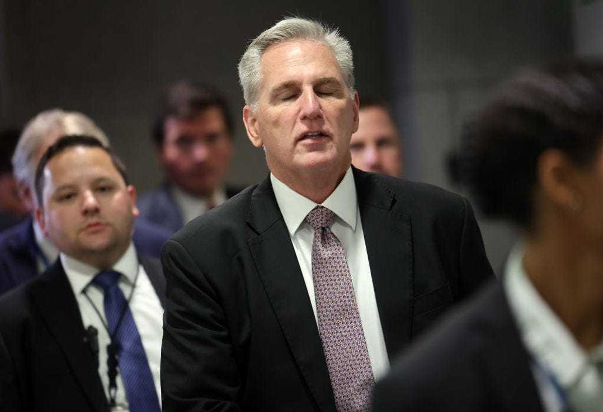 U.S. Speaker of the House Kevin McCarthy (R-CA) makes his way to a Republican caucus meeting at the U.S. Capitol Building on September 20, 2023 in Washington, DC.