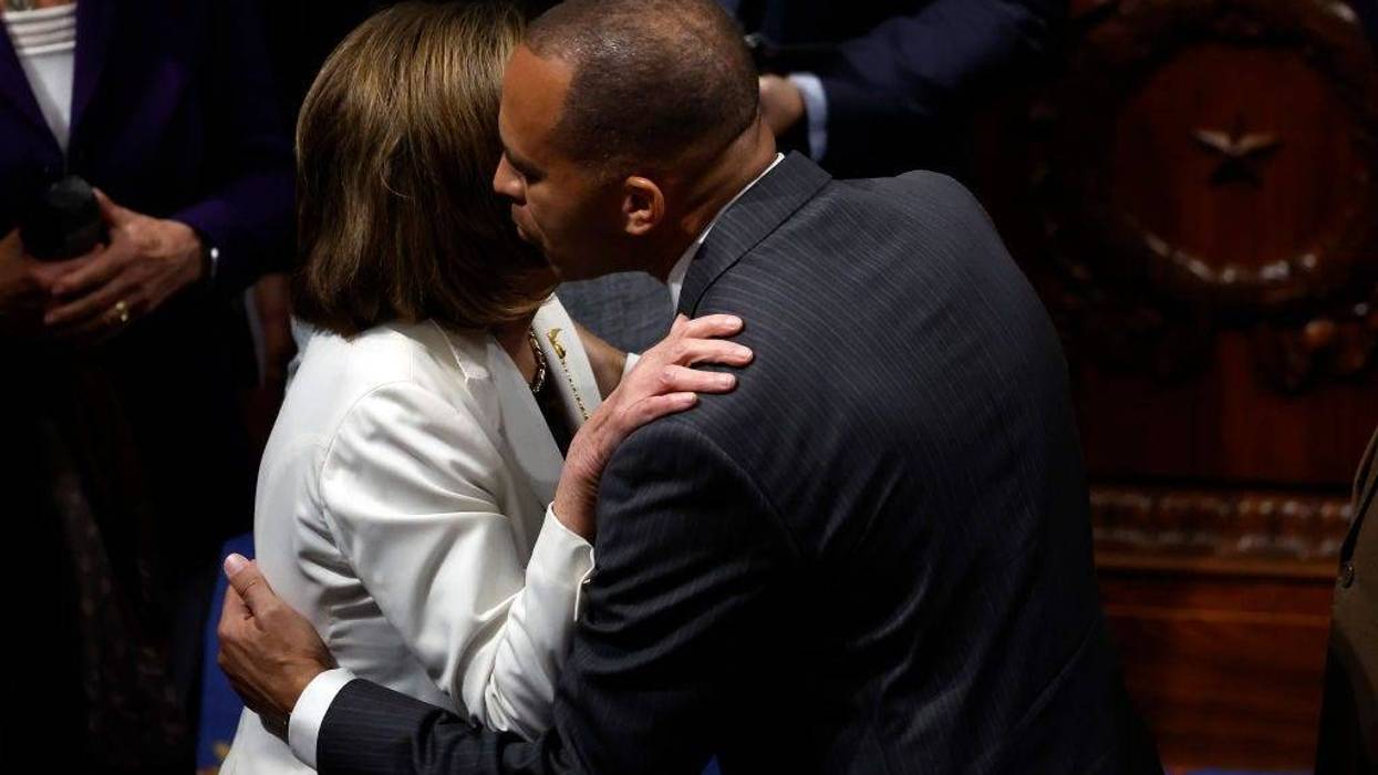 U.S. Speaker of the Nancy Pelosi (D-CA) hugs House Democratic Conference Chairman Rep. Hakeem Jeffries (D-NY) after Pelosi delivered remarks from the House Chambers of the U.S. Capitol Building on November 17, 2022 in Washington, DC.