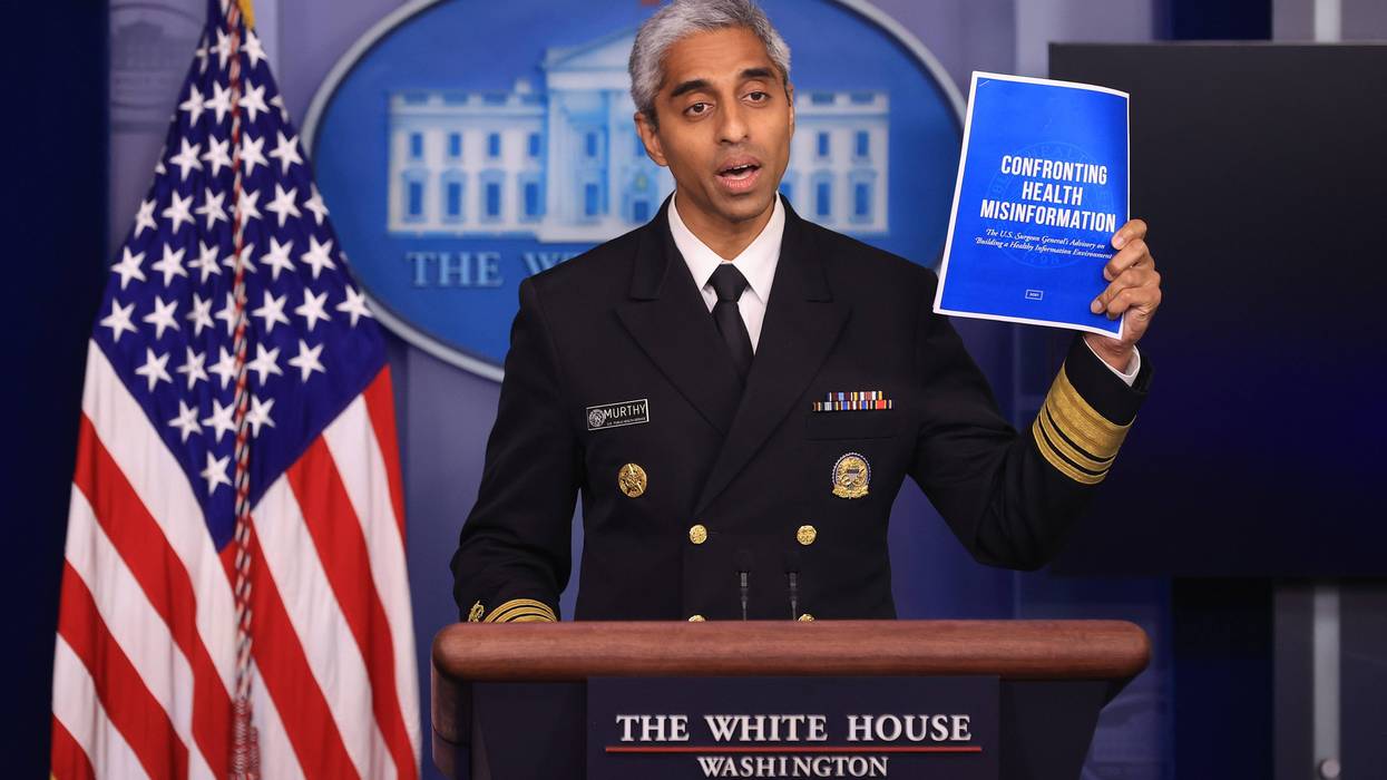 U.S. Surgeon General Vivek Murthy talks to reporters during the daily news conference in the Brady Press Briefing Room at the White House
