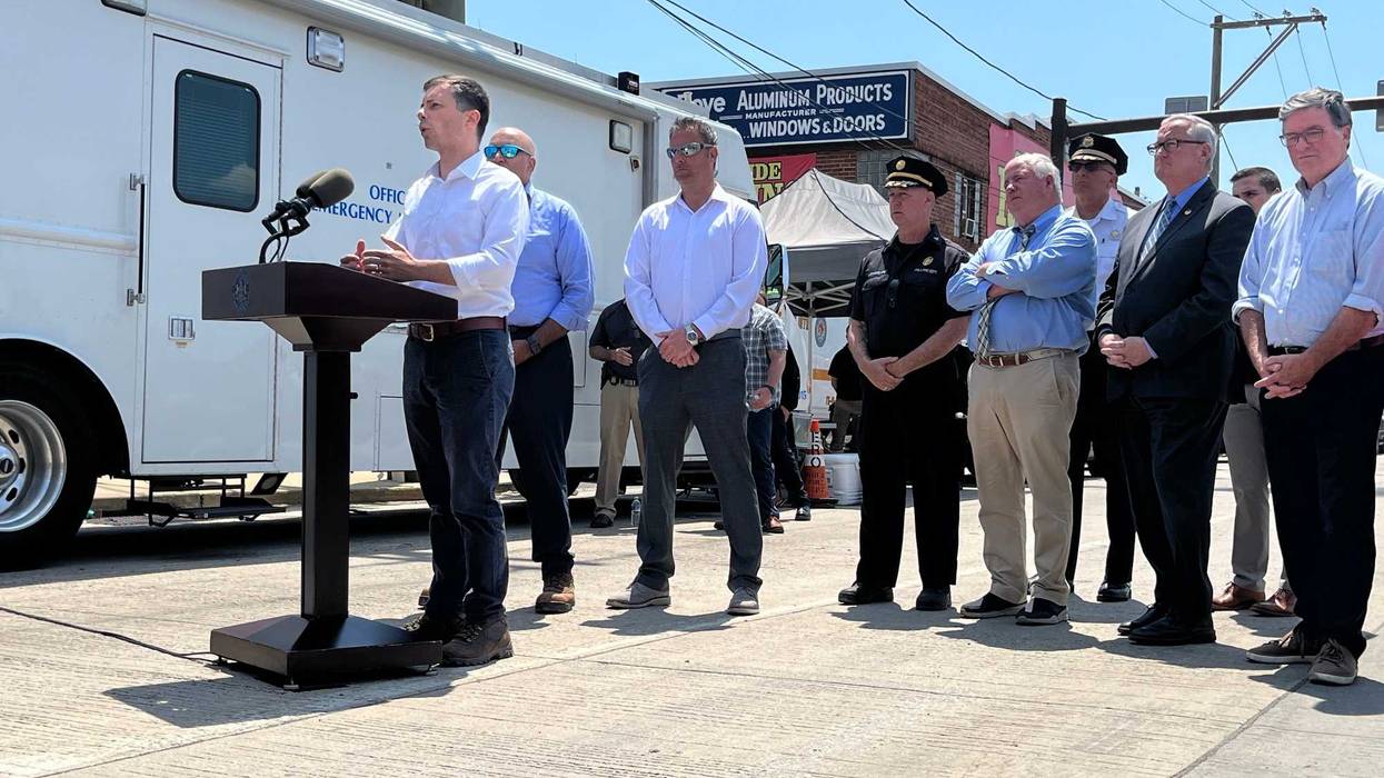 U.S. Transportation Secretary Pete Buttigieg speaks to the media after touring the I-95 collapse site on June 13, 2023.