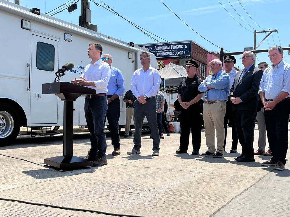 U.S. Transportation Secretary Pete Buttigieg speaks to the media after touring the I-95 collapse site on June 13, 2023.