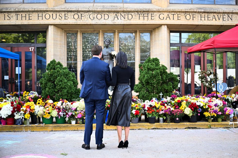 U.S. Vice President JD Vance and second lady Usha Vance pay their respects to victims of the Annunciation Catholic Church shooting on September 3, 2025 in Minneapolis, Minnesota.