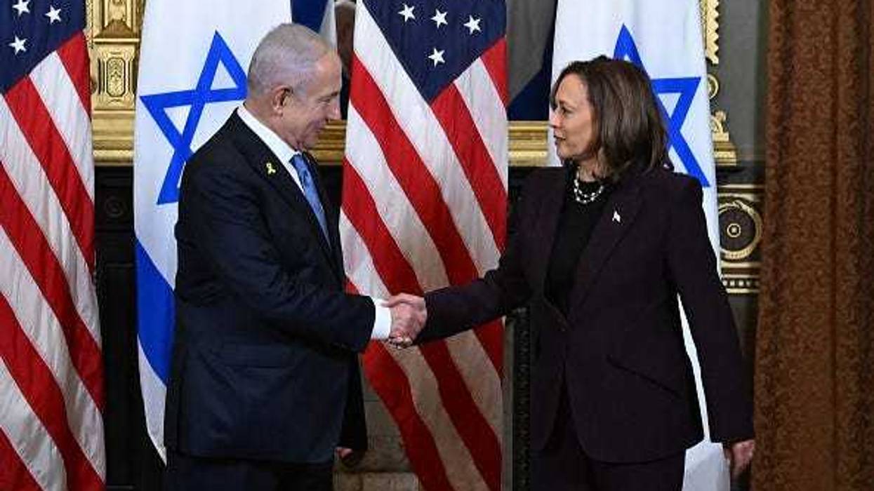 U.S. Vice President Kamala Harris and Israeli Prime Minister Benjamin Netanyahu shake hands before the start of a meeting in the Vice President's ceremonial office in the Eisenhower Executive Office Building on July 25, 2024 in Washington, DC.