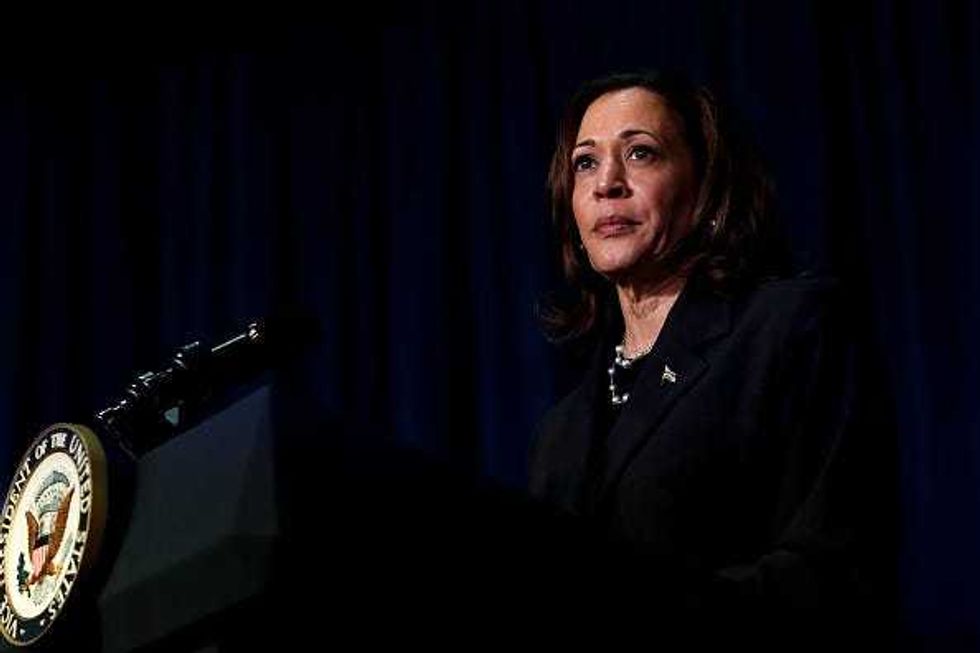 U.S. Vice President Kamala Harris attends a moderated conversation with former Trump administration national security official Olivia Troye and former Republican voter Amanda Stratton on July 17, 2024 in Kalamazoo, Michigan. (Photo by Chris duMond/Getty Images)