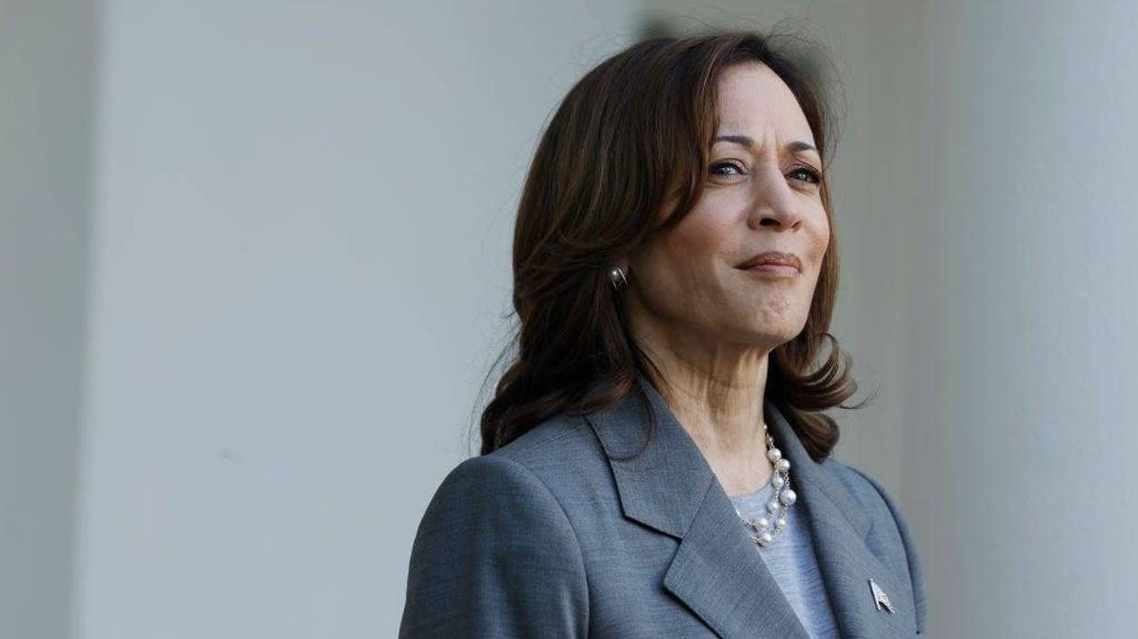 U.S. Vice President Kamala Harris looks on as Second gentleman Doug Emhoff speaksduring a reception celebrating Jewish American Heritage Month in the Rose Garden of the White House on May 20, 2024 in Washington, DC.