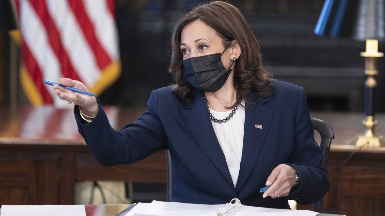 U.S. Vice President Kamala Harris speaks while meeting with small business leaders in the Vice Presidents Ceremonial Office in Washington, D.C., U.S., on Wednesday, Sept. 29, 2021. The meeting is being held to discuss the Biden administration's bipartisan infrastructure deal and the Build Back Better agenda.
