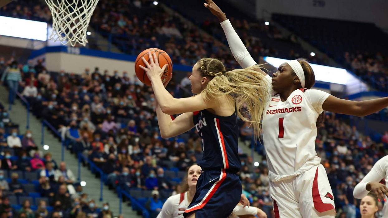 UConn's Paige Bueckers scores against Arkansas Sunday in Hartford.