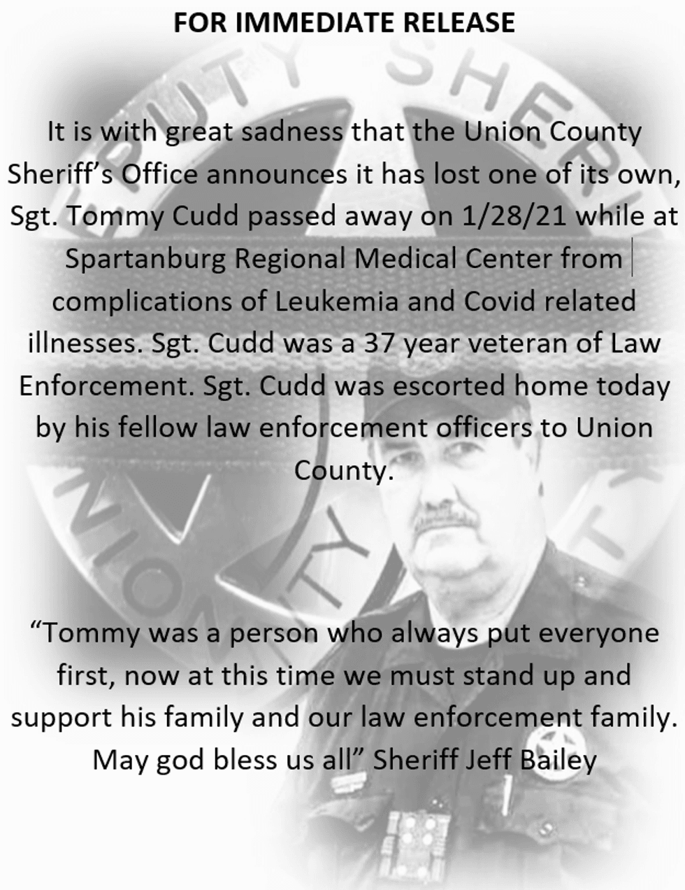 UCSO Deputy Passing Press Release
