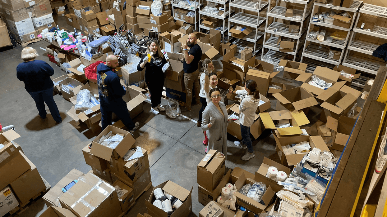 Ukrainian Federation of America volunteers sort, pack and prepare donated medical supplies and equipment for shipment to Ukraine.