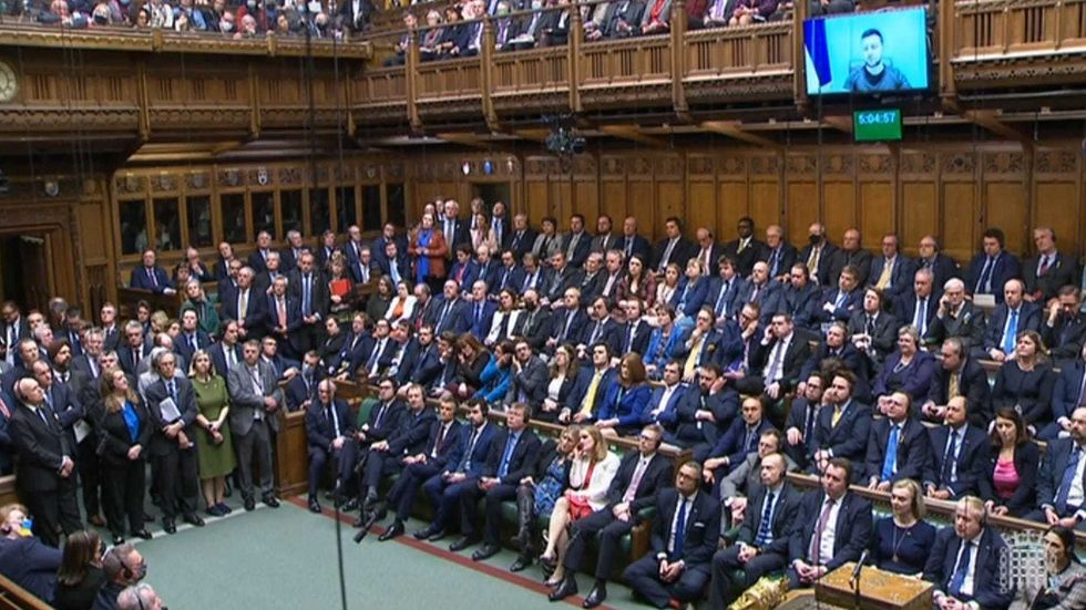 Ukrainian President Volodymyr Zelensky addresses MPs in the House of Commons via videolink on the latest situation in Ukraine