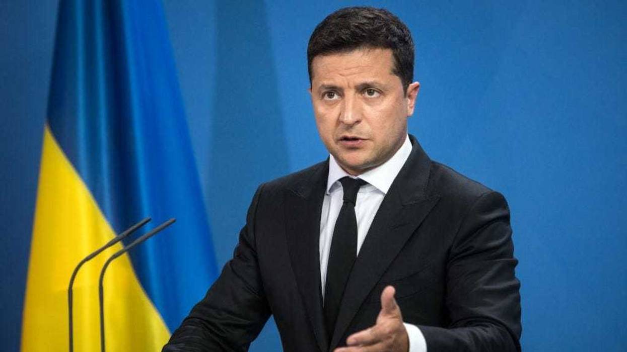 Ukrainian President Volodymyr Zelensky and the German Chancellor (not pictured) give statements ahead of talks at the Chancellery on July 12, 2021 in Berlin , Germany.