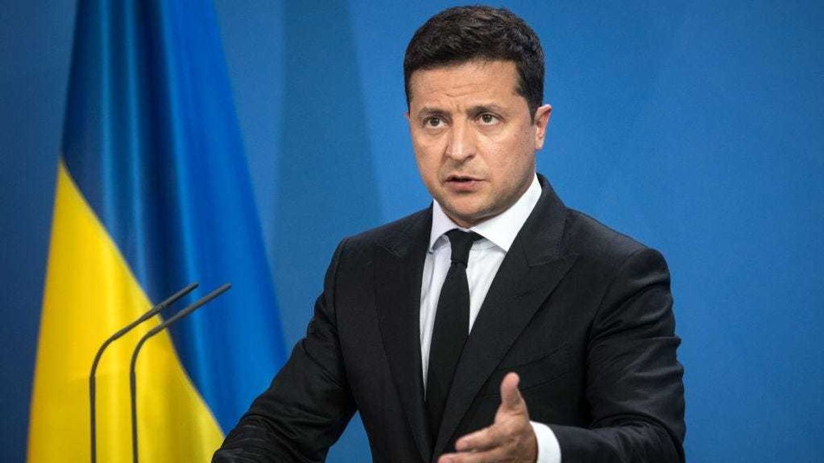 Ukrainian President Volodymyr Zelensky and the German Chancellor (not pictured) give statements ahead of talks at the Chancellery on July 12, 2021 in Berlin , Germany.