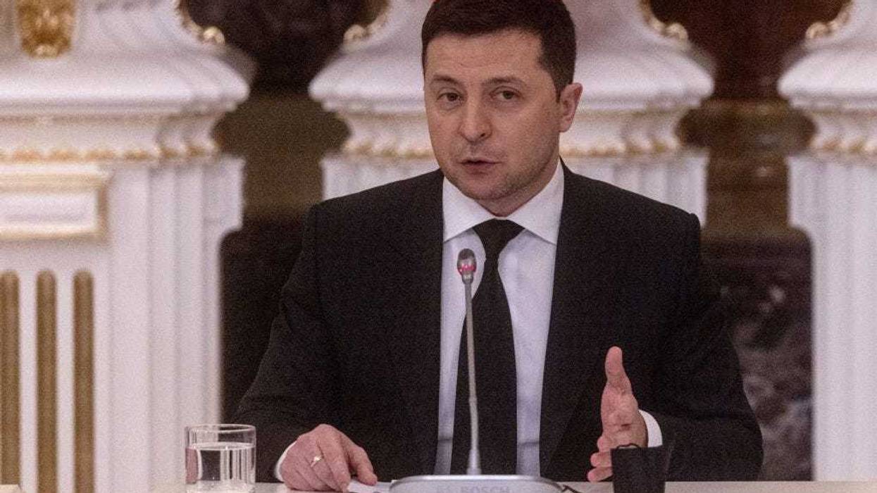 Ukrainian President Volodymyr Zelensky speaks to the media during a joint press conference Turkish President Recep Tayyip Erdogan after their meeting on February 03, 2022 in Kyiv, Ukraine. The two leaders discussed the current situation surrounding a Russian military invasion of Ukraine as Russian troops mass along the Russian-Ukrainian border. (Photo by Chris McGrath/Getty Images)