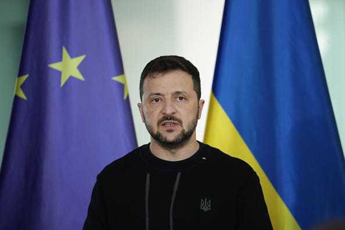 Ukrainian President Volodymyr Zelensky speaks to the media prior to talks with German Chancellor Olaf Scholz at the Chancellery on October 11, 2024 in Berlin, Germany.