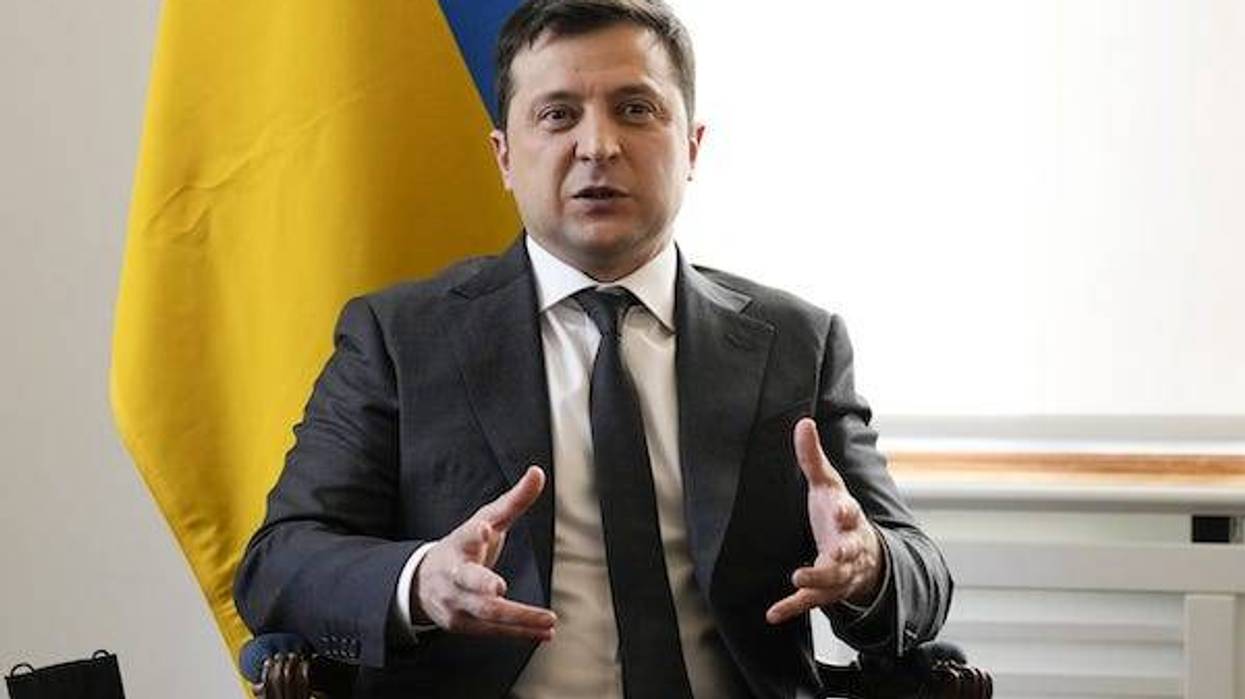 Ukrainian President Volodymyr Zelenskyy attends a meeting with Prime Minister Boris Johnson at the Munich Security Conference in Germany