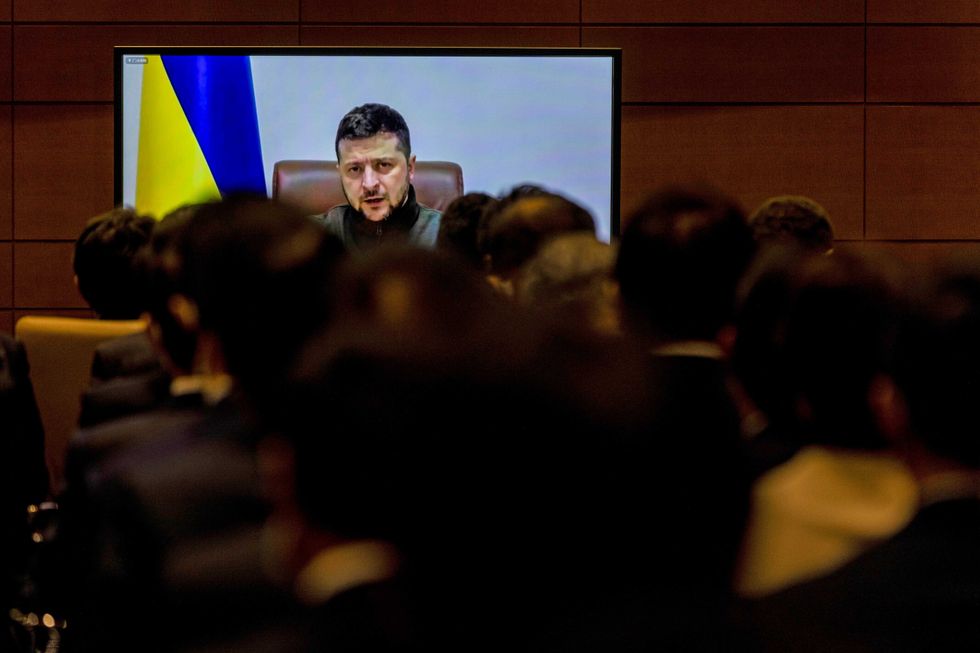 Ukrainian President Volodymyr Zelenskyy delivering his speech to the Japanese parliament on Wednesday