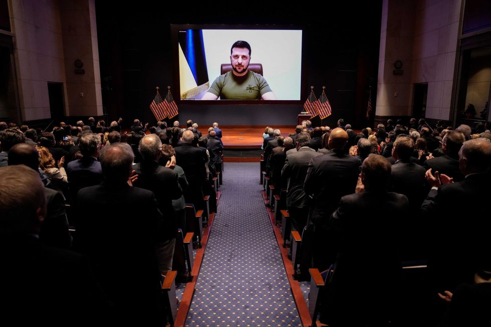Ukrainian President Volodymyr Zelenskyy delivers a virtual address to Congress at the U.S. Capitol on March 16, 2022 in Washington, DC. Ukrainian President Volodymyr Zelenskyy delivers a virtual address to Congress at the U.S. Capitol on March 16, 2022 in Washington, DC