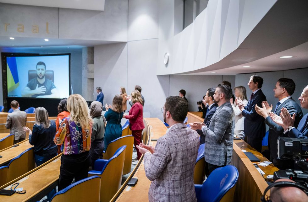Ukrainian President Volodymyr Zelenskyy gives a speech to Dutch lawmakers on March 31, 2022