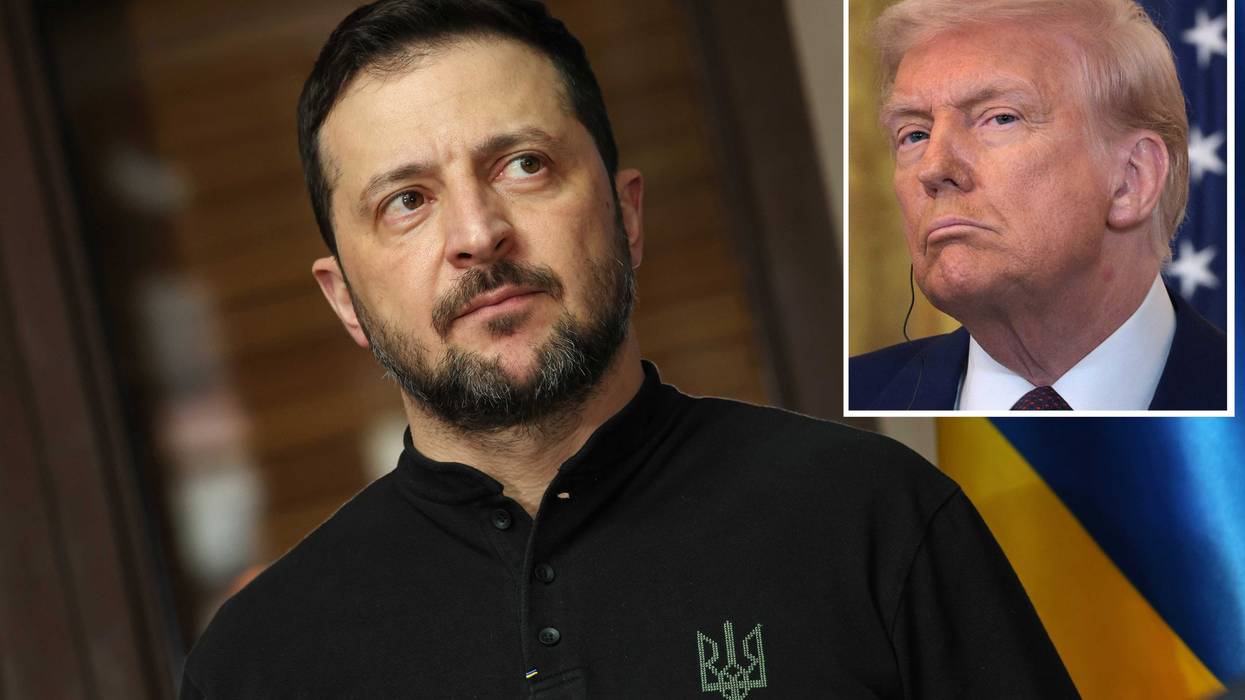 Ukrainian President Volodymyr Zelenskyy is seen in Munich on February 15, 2025. Inset: President Donald Trump at the White House on February 13, 2025