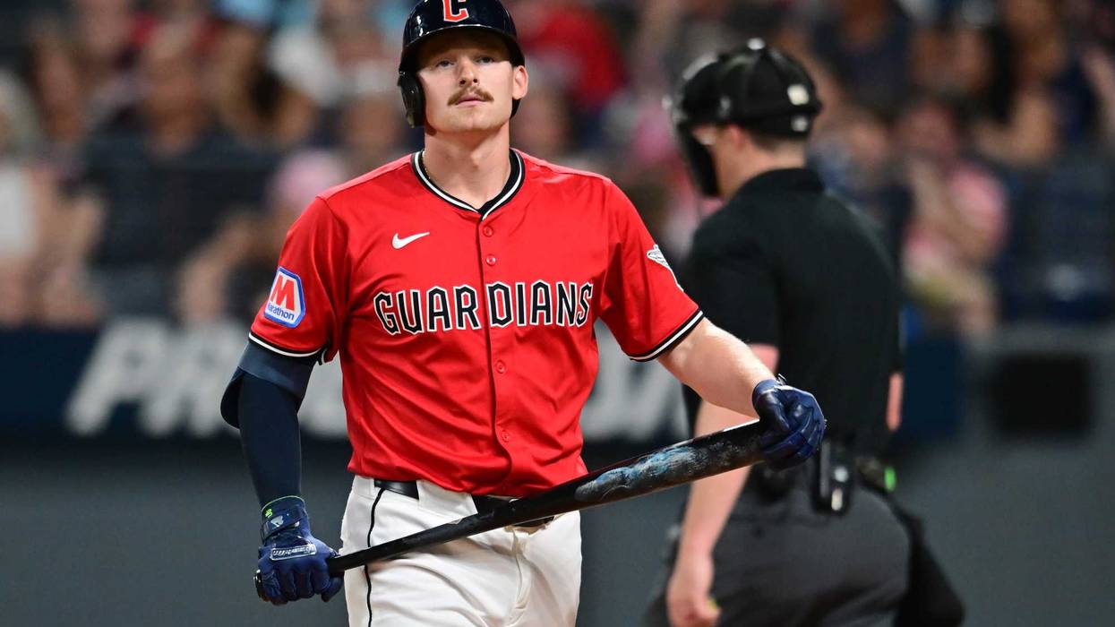 ul 5, 2025; Cleveland, Ohio, USA; Cleveland Guardians first baseman Kyle Manzardo (9) reacts after striking out to end the game against the Detroit Tigers at Progressive Field. Credit: Ken Blaze-Imagn Images
