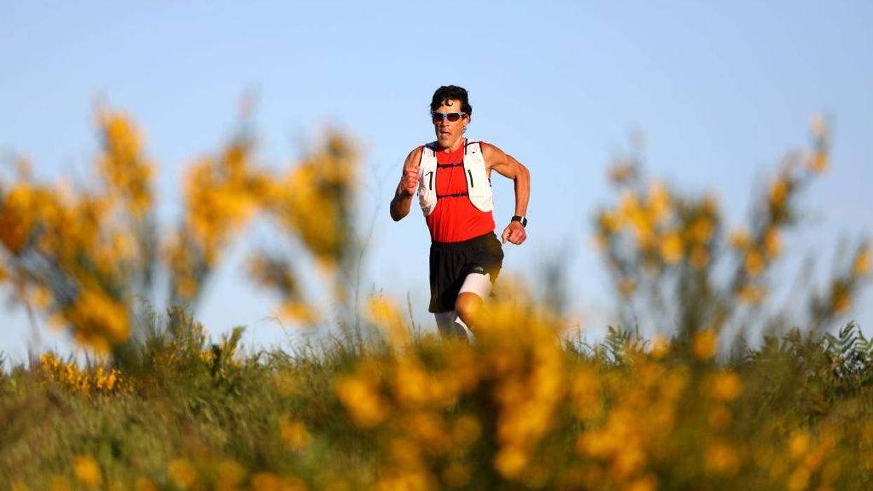Ultramarathon runner Dean Karnazes does a training run on Bald Hill on April 24, 2020 in Ross, California.