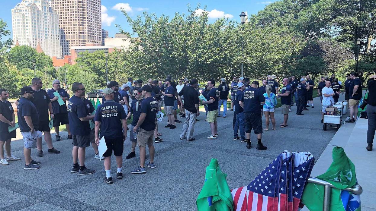 Union corrections officers gather near the steps of the State Capitol in Hartford, 6/30/21