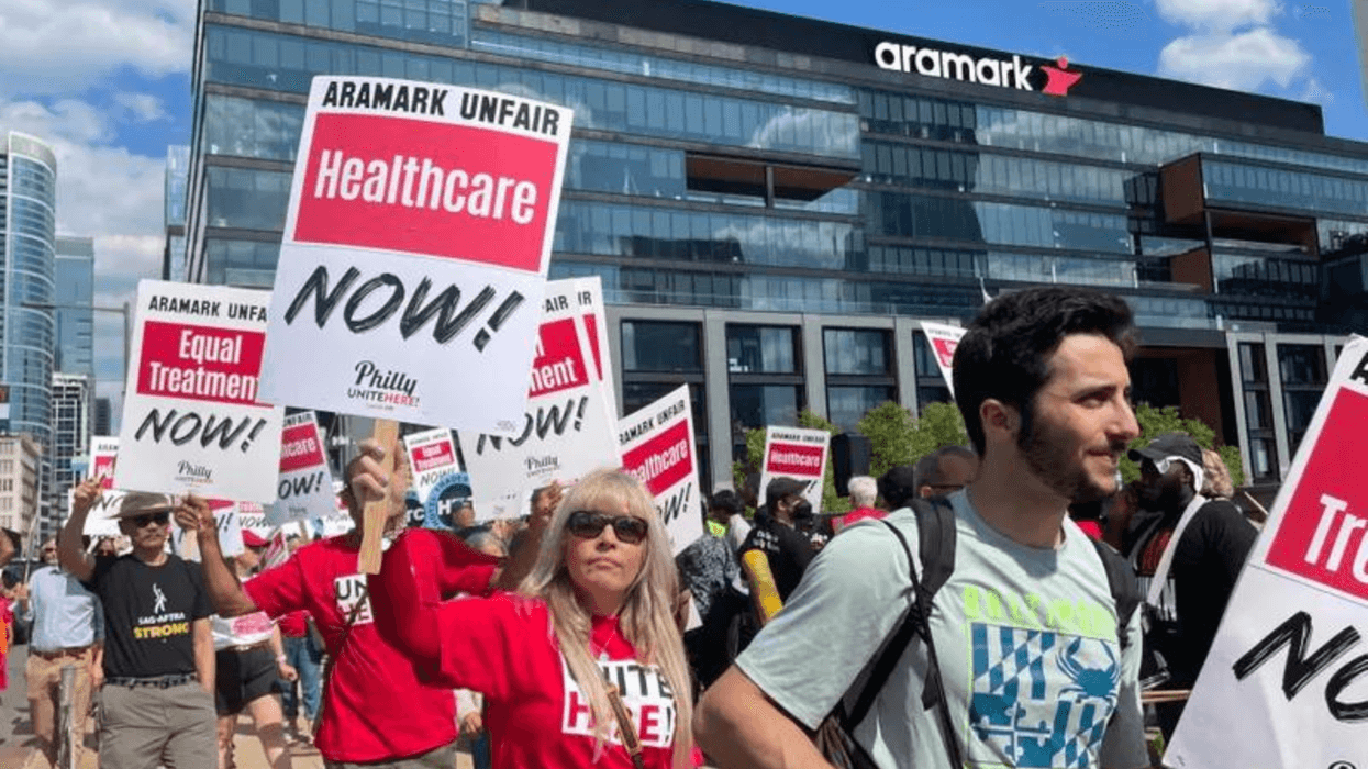 Unite Here Local 274, the food service workers union under Aramark, protests outside corporate headquarters.