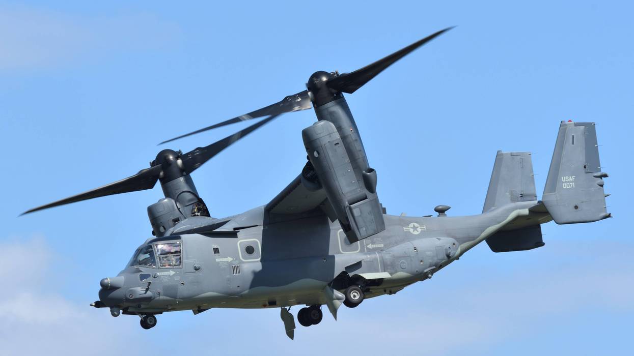 United States Air Force Bell Boeing CV-22B Osprey tiltrotor military transport aircraft.