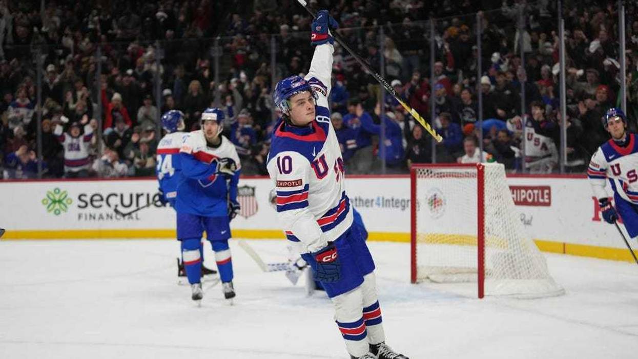 United States forward James Hagens (10) celebrates after scoring during the second period of an IIHF World Junior Hockey Championship game against Slovakia, Monday, Dec. 29, 2025, in St. Paul, Minn.