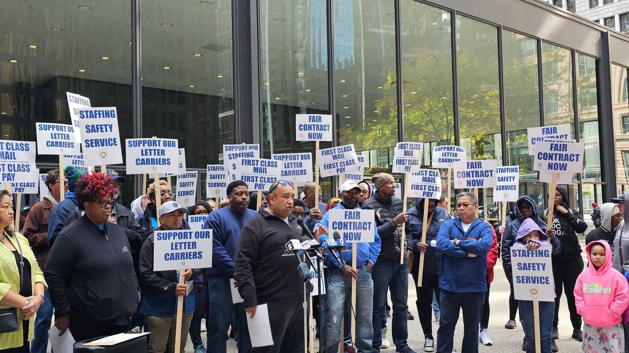 United States Postal Service (USPS) mail carriers rally outside the Chicago Loop Post Office on Oct. 14, 2024, where they said USPS has yet to share with them a plan to handle mail-in ballots for the Nov. 5, 2024, General Election.