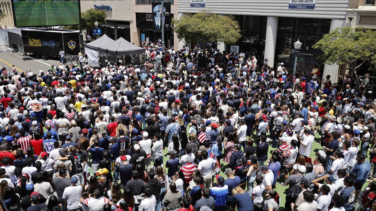 United States soccer fans watch the second half of the FIFA World Cup 2026 Group D match between USA and Australia at a watch party hosted by the LA Galaxy, on June 19, 2026 in Long Beach, California. The U.S. defeated Australia 2-0 and advances to the knockout stage in FIFA World Cup 2026.