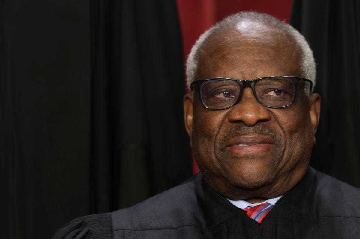 United States Supreme Court Associate Justice Clarence Thomas poses for an official portrait at the East Conference Room of the Supreme Court building on October 7, 2022 in Washington, DC.
