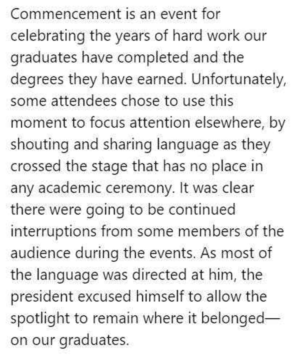 University of Hartford statement, issued 5/16/21, regarding incident at commencement on 5/15/21.