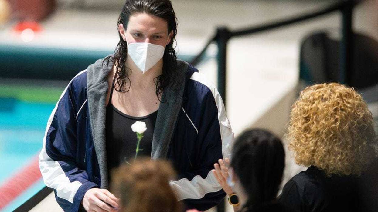 University of Pennsylvania swimmer Lia Thomas gets recognized as a senior during the 2022 Ivy League Womens Swimming and Diving Championships at Blodgett Pool on February 19, 2022 in Cambridge, Massachusetts. (Photo by Kathryn Riley/Getty Images)