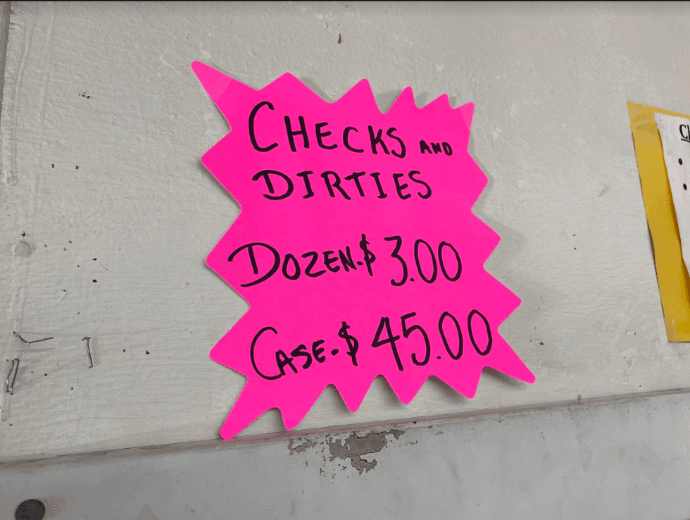 Unlike a traditional grocery store, Olivera is permitted to sell eggs classified as "checks" and "dirties," which have minor imperfections. That