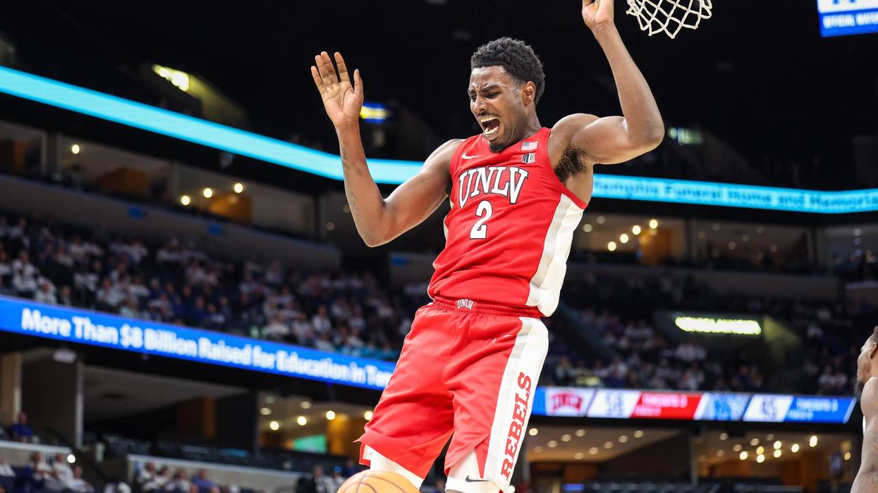 UNLV Rebels forward Kimani Hamilton (2) reacts after a dunk against the Memphis Tigers during the second half at FedExForum.
