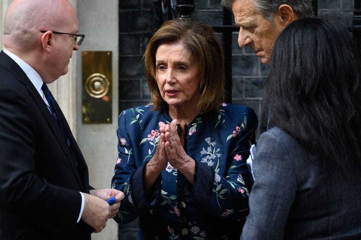US Ambassador to the UK Philip Reeker (L) speaks with US House Speaker Nancy Pelosi (C) and her husband Paul Pelosi following a meeting with Prime Minister Boris Johnson at Downing Street on September 16, 2021 in London, England.