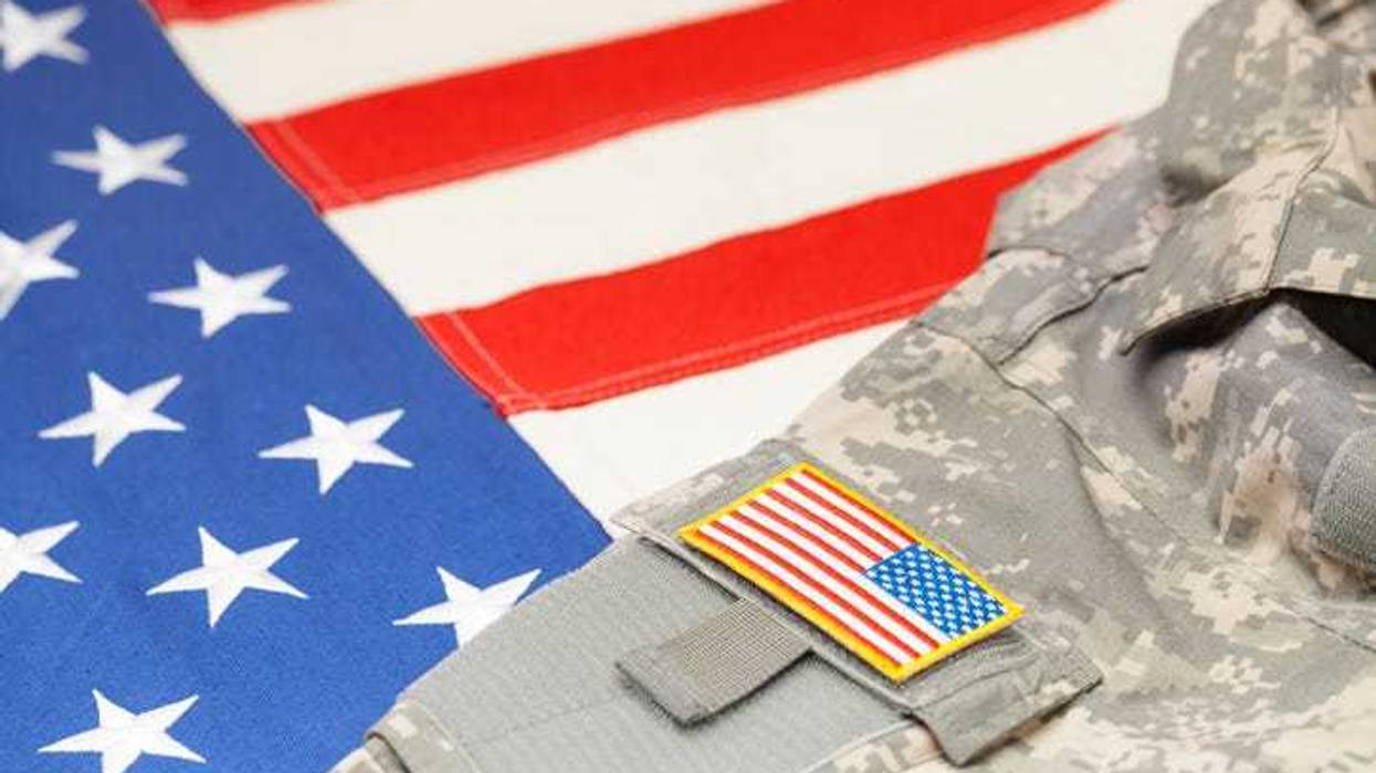 US army uniform with chevron over flag