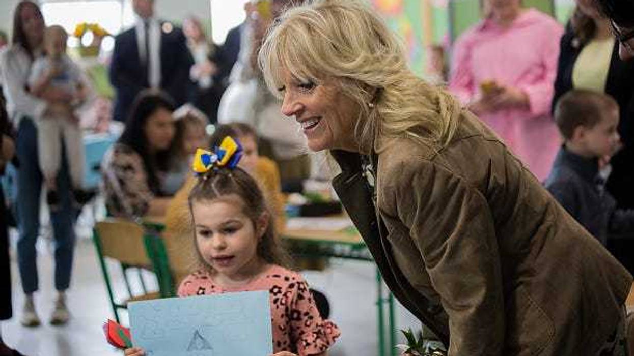 US First Lady, Jill Biden speaks with Ukrainian children who fled to Slovakia following the Russian invasion of Ukraine on Mother's Day at Primary School Tomasikova 31 on May 8, 2022 in Kosice, Slovakia.
